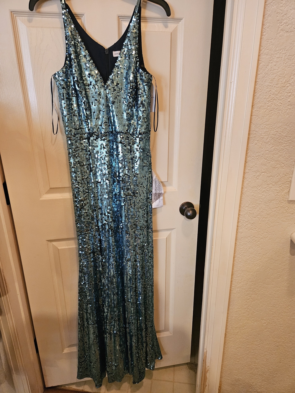 Dress the Population Teal Sequin V‑Neck Evening Gown
